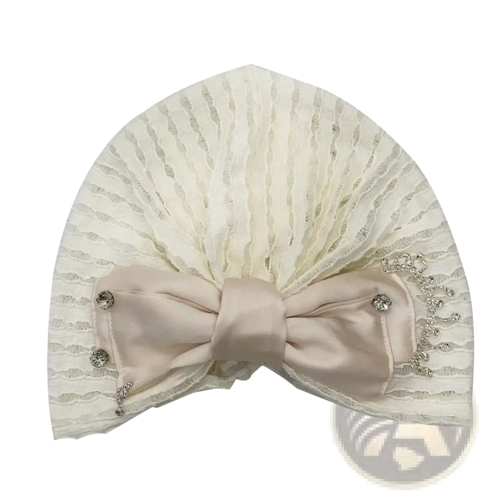 Elegant ivory lace muslim turban cap with blush satin bow and sparkling crystal embellishments for stylish wear