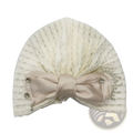Elegant ivory lace muslim turban cap with blush satin bow and sparkling crystal embellishments for stylish wear