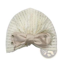 Elegant ivory lace muslim turban cap with blush satin bow and sparkling crystal embellishments for stylish wear