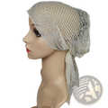 A delicate off-white Muslim turban lace cap with breathable mesh texture and subtle floral patterns for chemo headwear
