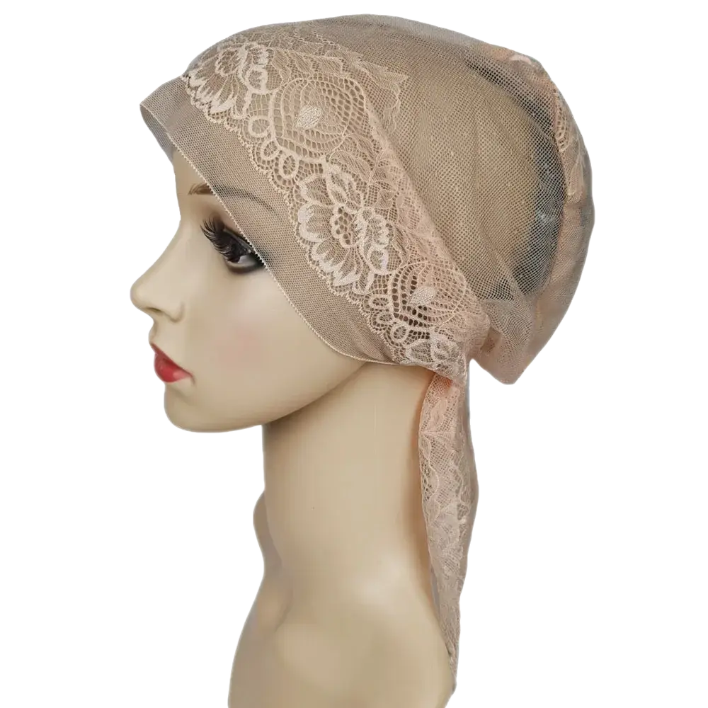 Beige muslim turban lace cap with delicate floral embroidery and sheer mesh overlay for chemo headwear use