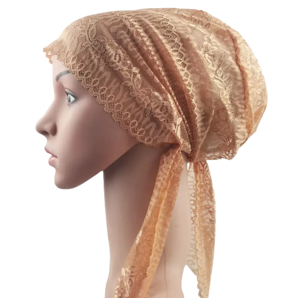 Beige lace Muslim turban lace cap with delicate floral patterns made of soft flowing fabric for chemo headwear