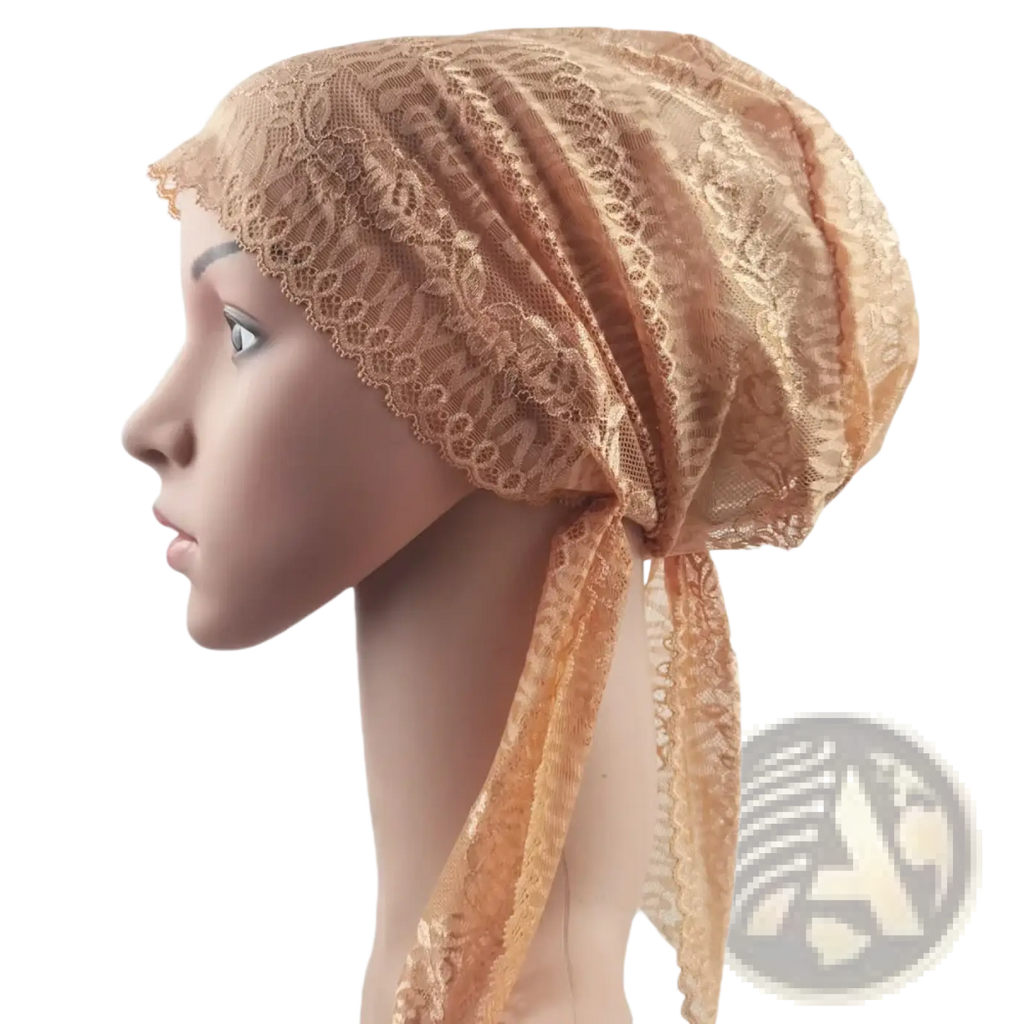 Beige lace Muslim turban lace cap with delicate floral patterns made of soft flowing fabric for chemo headwear