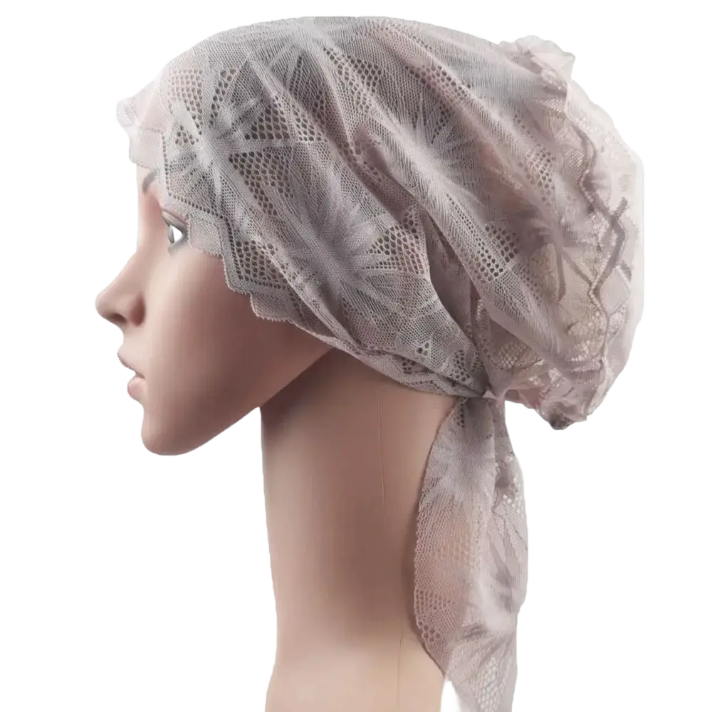 Lavender sheer lace muslim turban lace cap with scalloped edge and tied back strap for chemo headwear use