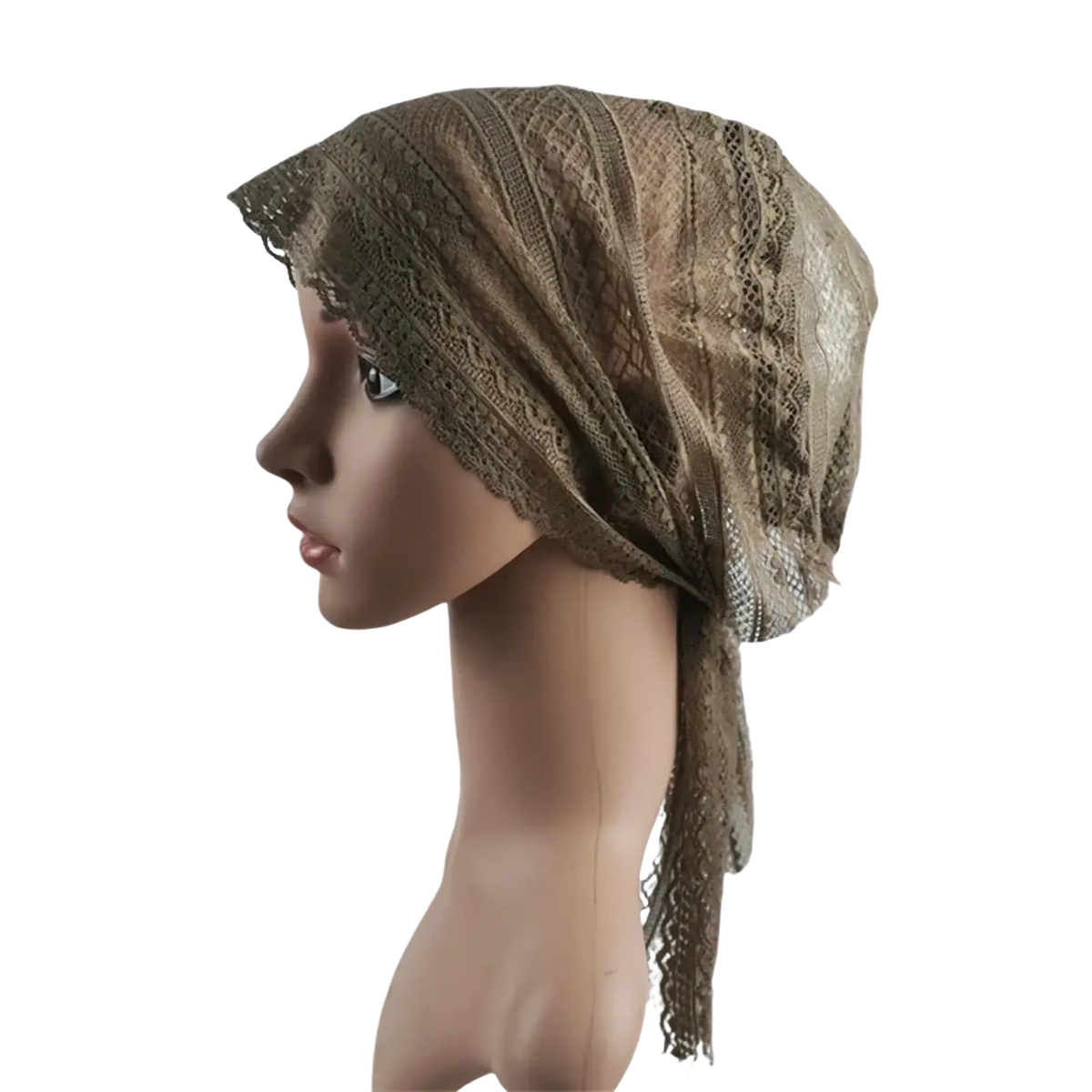Muslim turban lace cap in delicate taupe with intricate floral patterns and soft flowing drape for chemo headwear