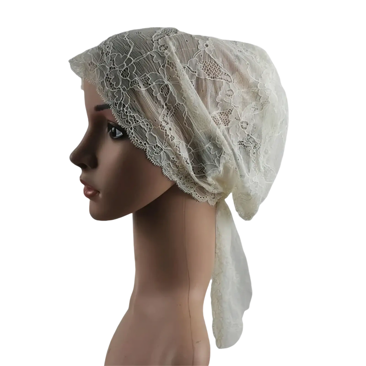 Muslim turban lace cap chemo headwear in off-white featuring delicate floral patterns and a soft flowing drape