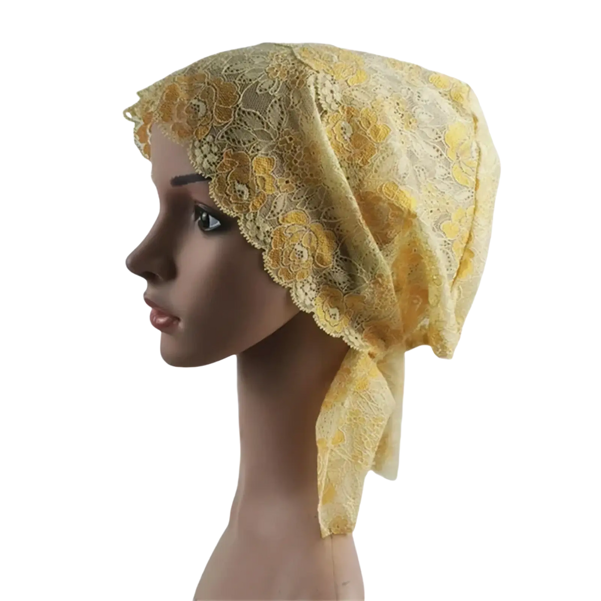 A delicate yellow lace muslim turban lace cap with floral patterns designed as chemo headwear