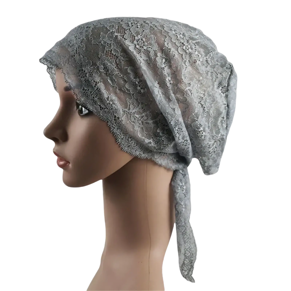Gray lace muslim turban lace cap with delicate floral patterns and soft flowing drape for chemo headwear use