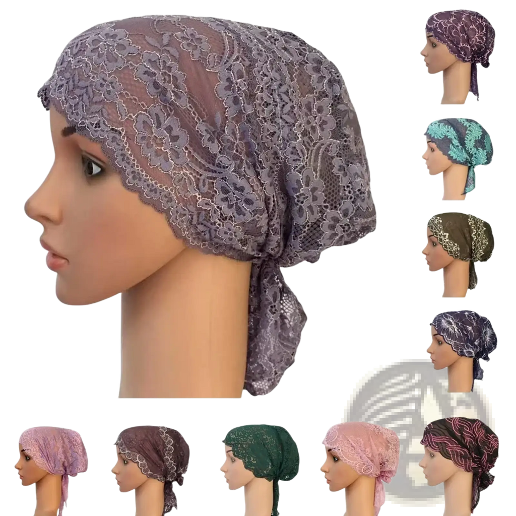 Muslim turban lace cap in lacy purple with floral lace trim and tied back design for chemo headwear use