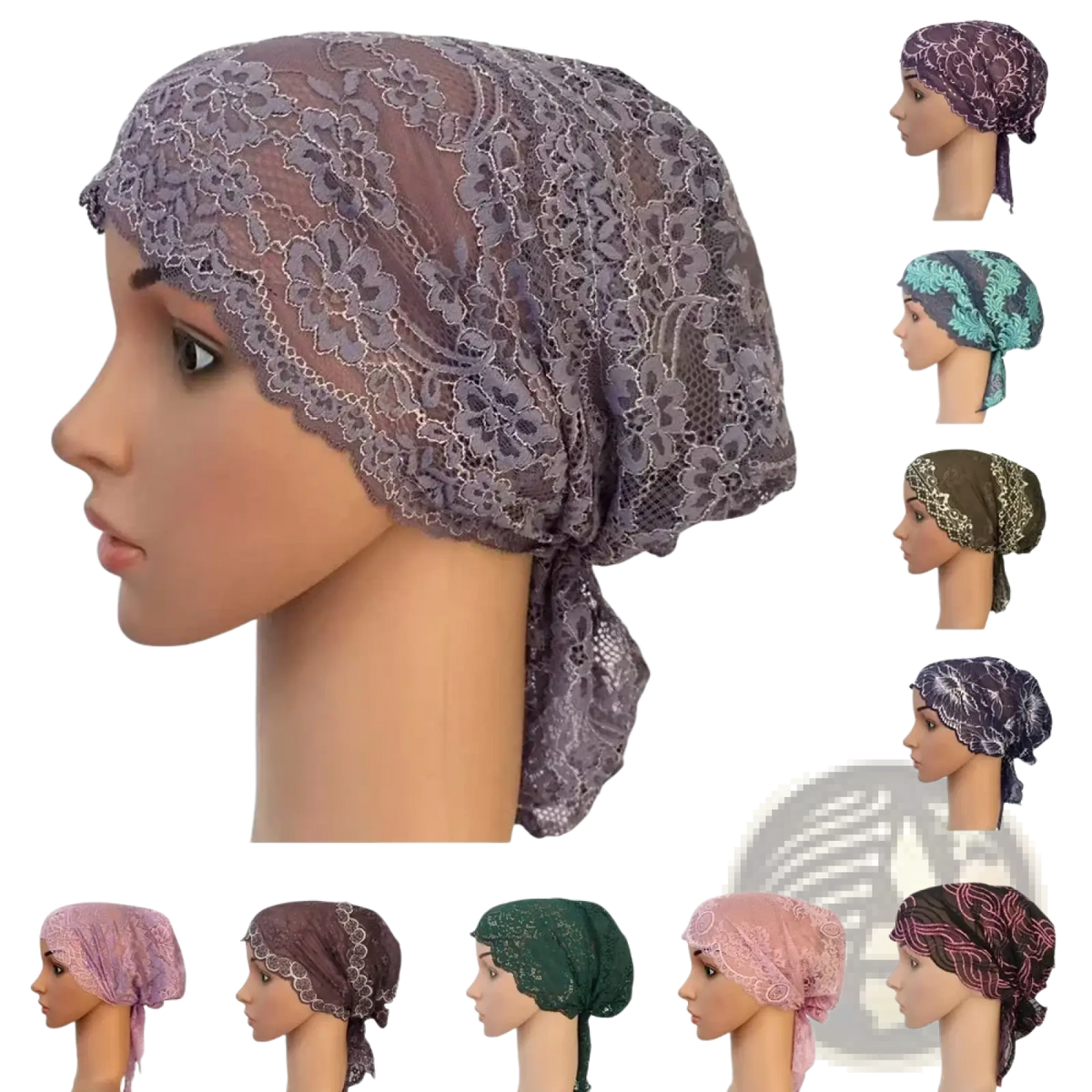 Muslim turban lace cap in lacy purple with floral lace trim and tied back design for chemo headwear use