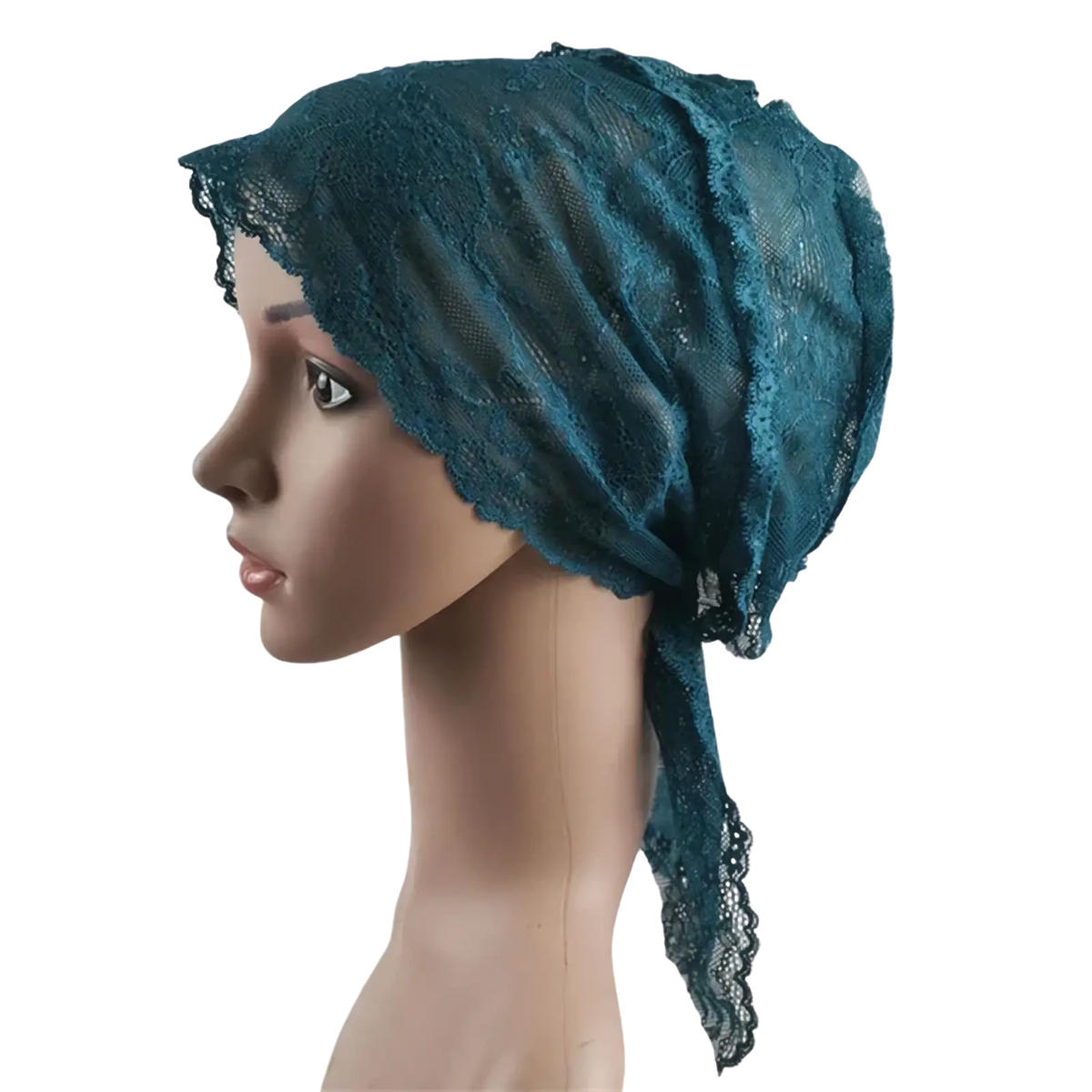 Teal lace muslim turban lace cap with delicate floral patterns and soft flowing drape for chemo headwear