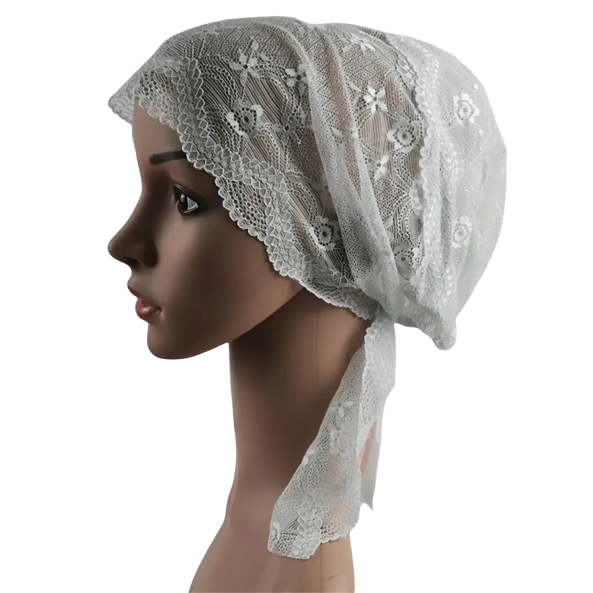 White lace muslim turban lace cap with delicate floral patterns made of soft sheer fabric for chemo headwear