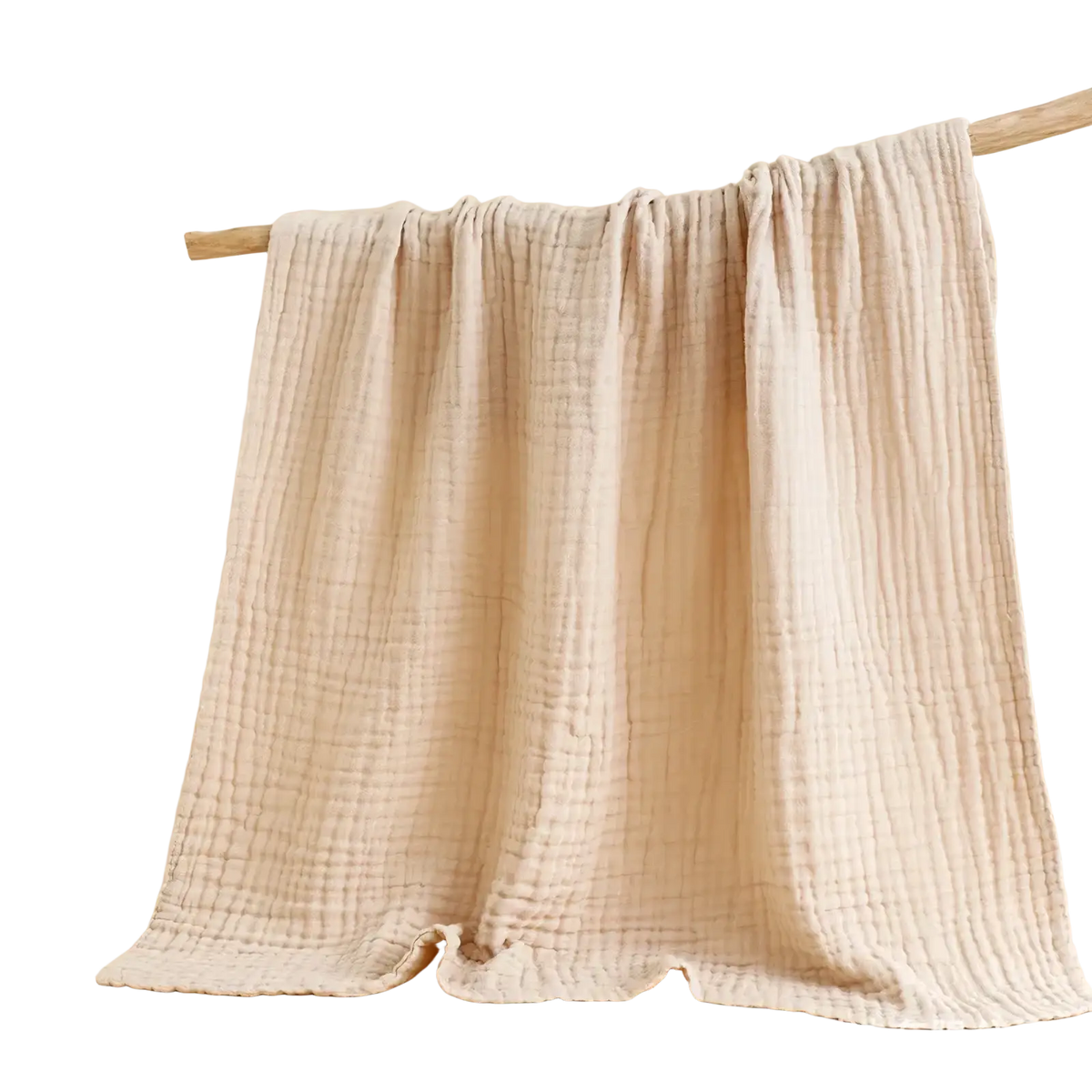 Beige muslin baby swaddle blanket made of 6-layer cotton with a soft textured grid pattern 105cm size