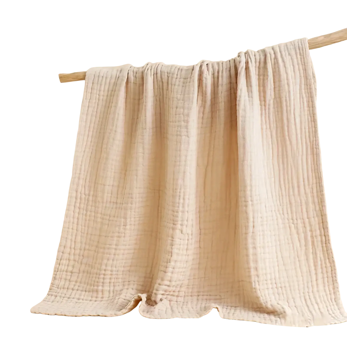 Beige muslin baby swaddle blanket made of 6-layer cotton with a soft textured grid pattern measuring 105cm