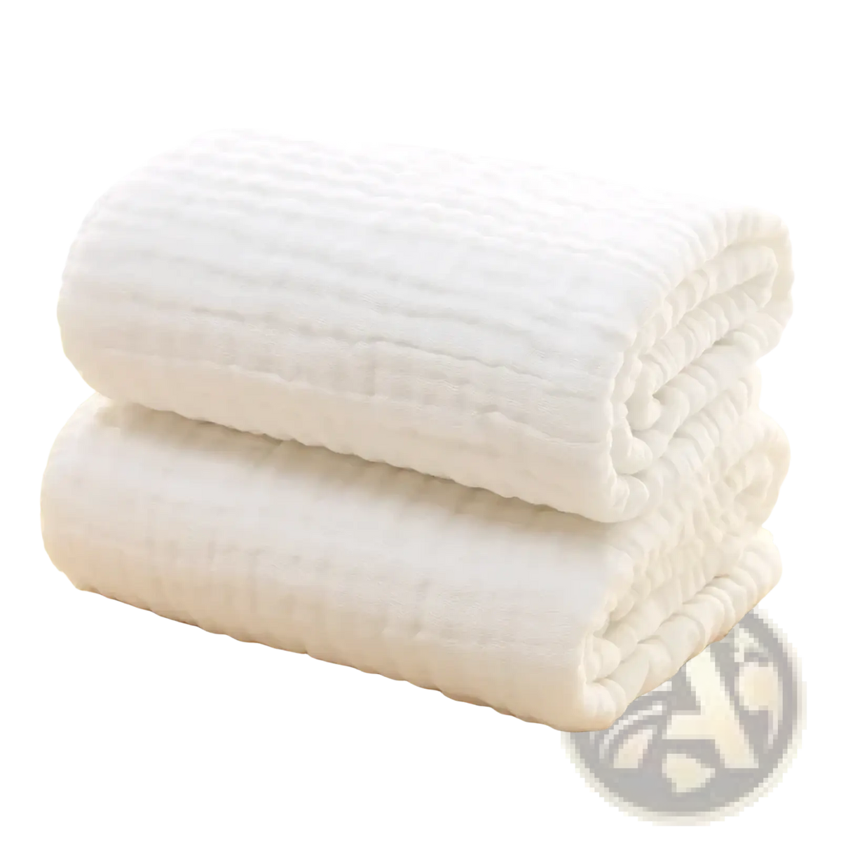Two neatly folded white muslin baby swaddle blankets with soft textured weave 6-layer cotton 105cm