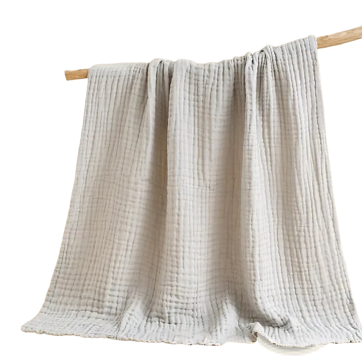 A soft light gray muslin baby swaddle blanket with subtle quilted texture hangs from a wooden rod