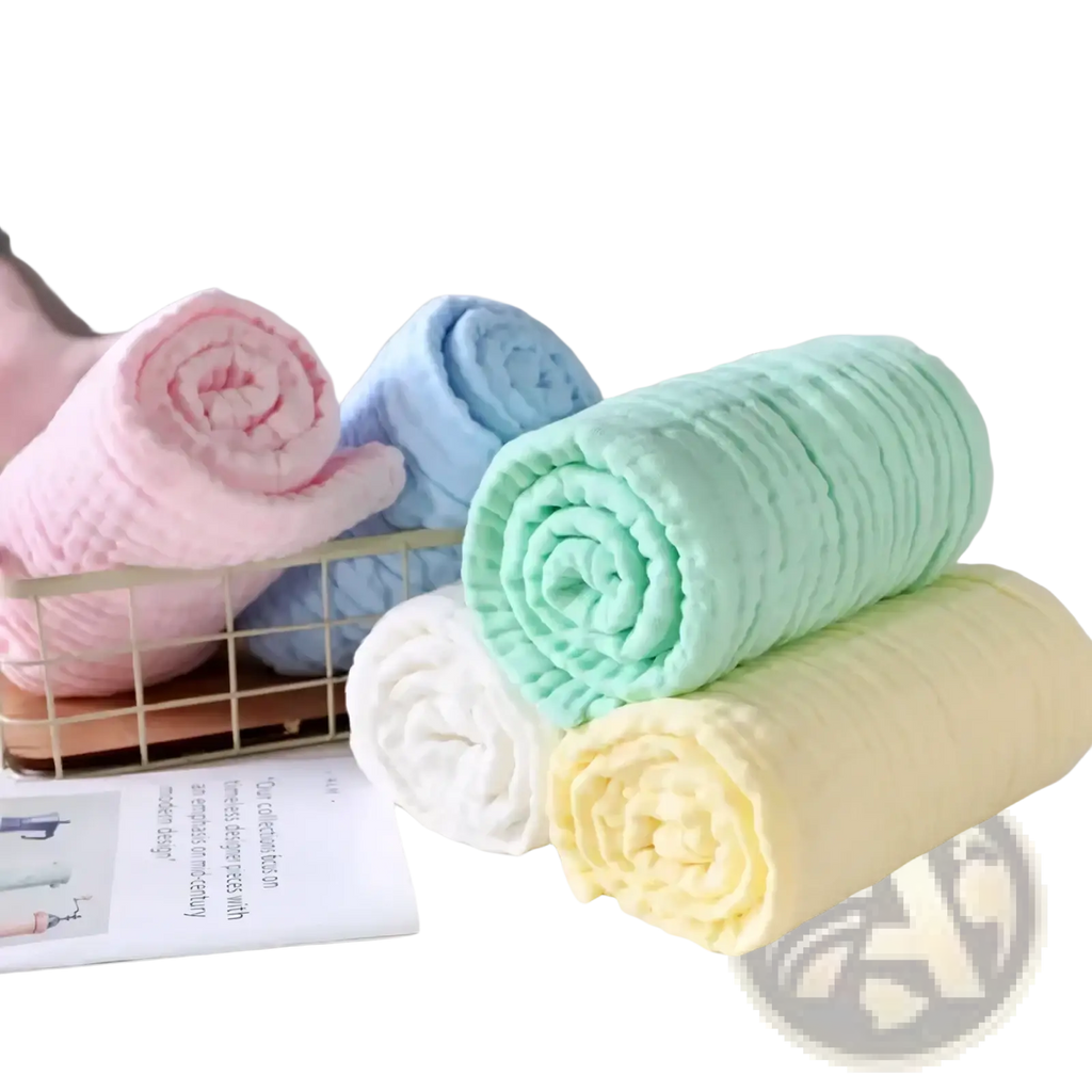 Muslin baby swaddle blankets in pastel pink blue mint green white and yellow made of 6-layer soft cotton muslin