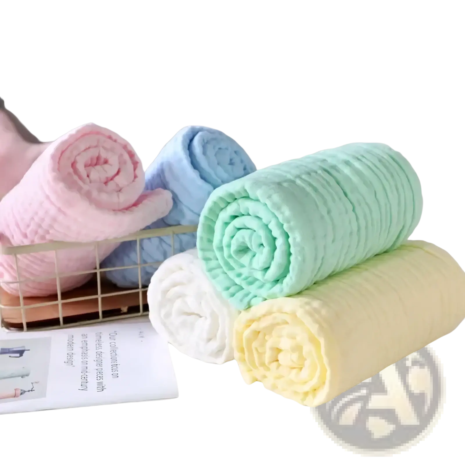 Muslin baby swaddle blankets in pastel pink blue mint green white and yellow made of 6-layer soft cotton muslin
