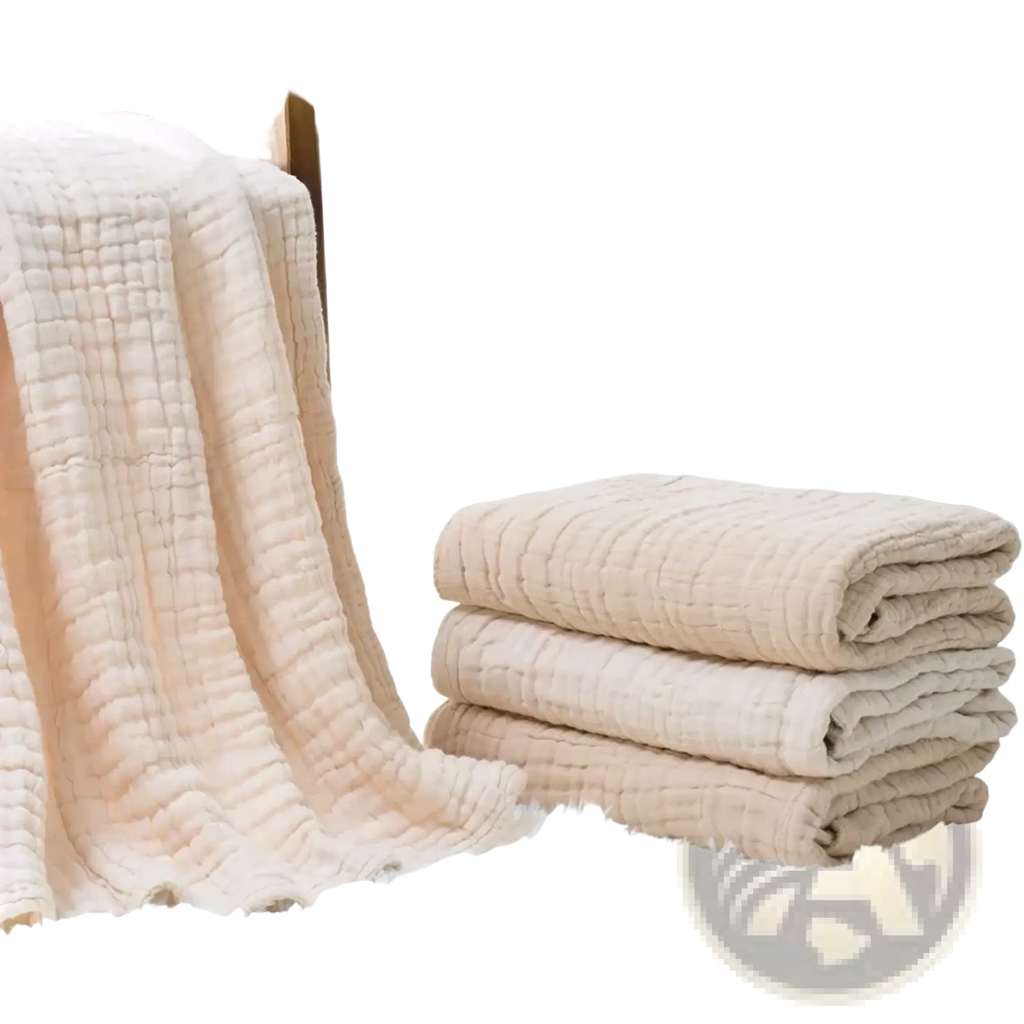 Soft beige muslin baby swaddle blanket with gentle quilted texture made of 6-layer cotton 105cm bath towel