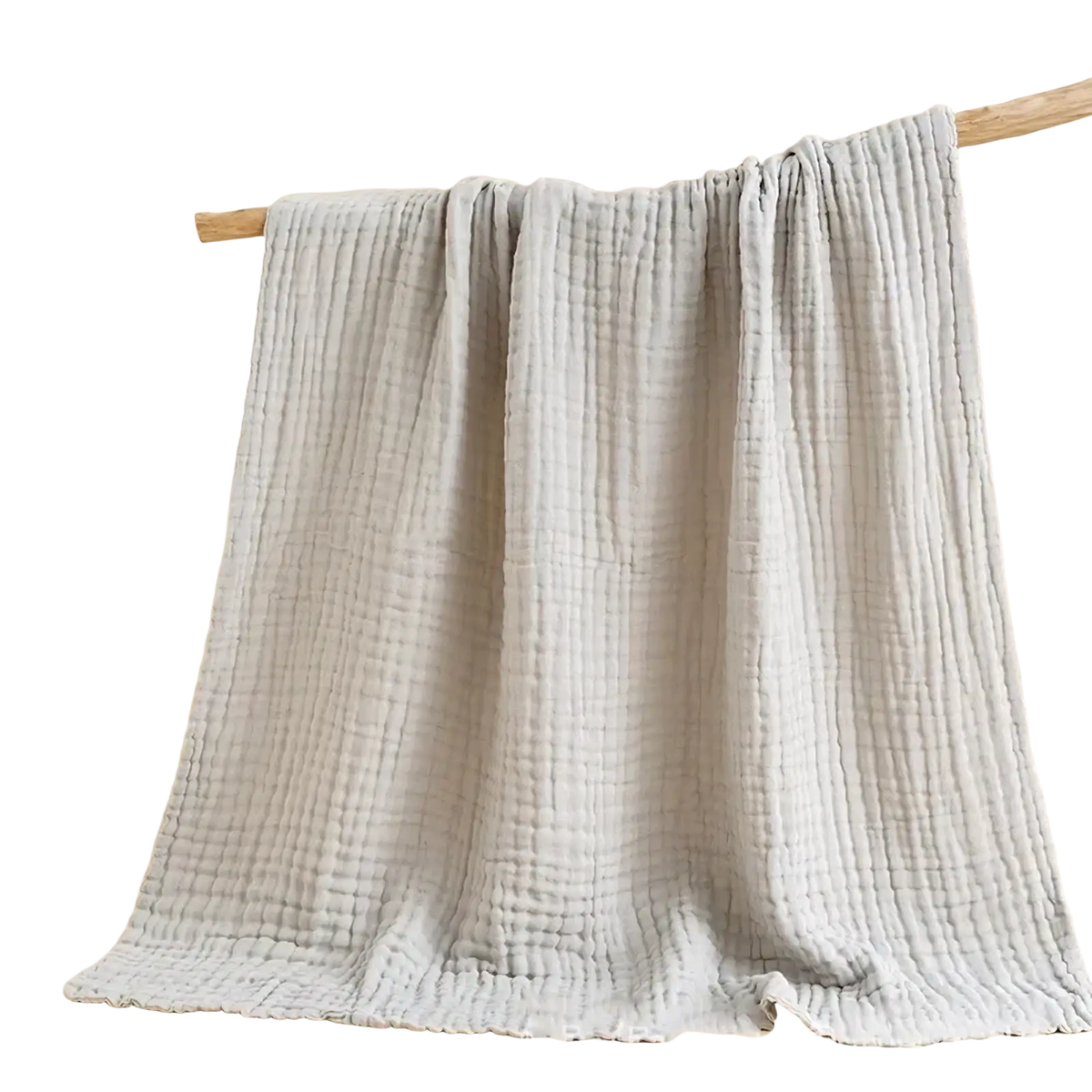 A soft light gray muslin baby swaddle blanket with subtle quilted texture hangs from a wooden rod