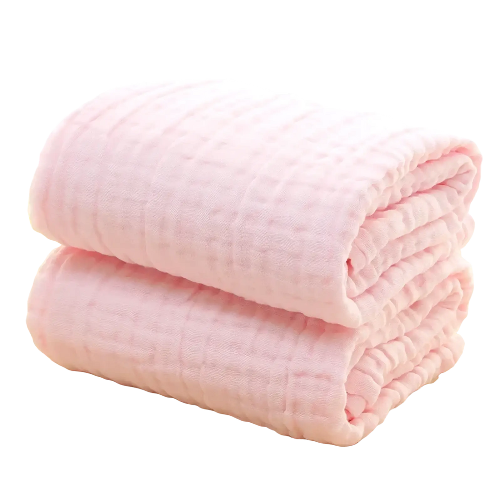Soft pink muslin baby swaddle blankets 6-layer cotton 105cm neatly folded and stacked