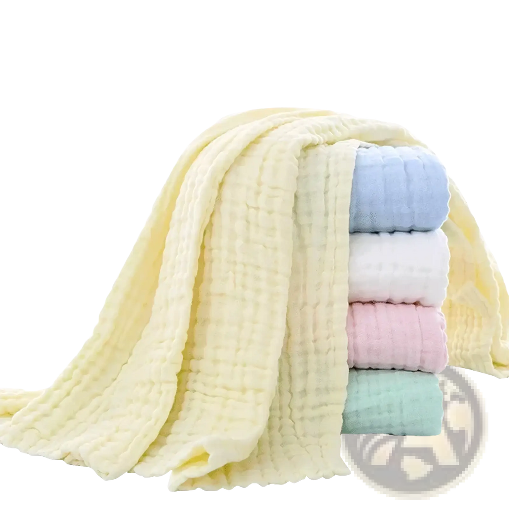 A stack of soft pastel-colored muslin baby swaddle blankets with gentle grid texture made from 6-layer cotton