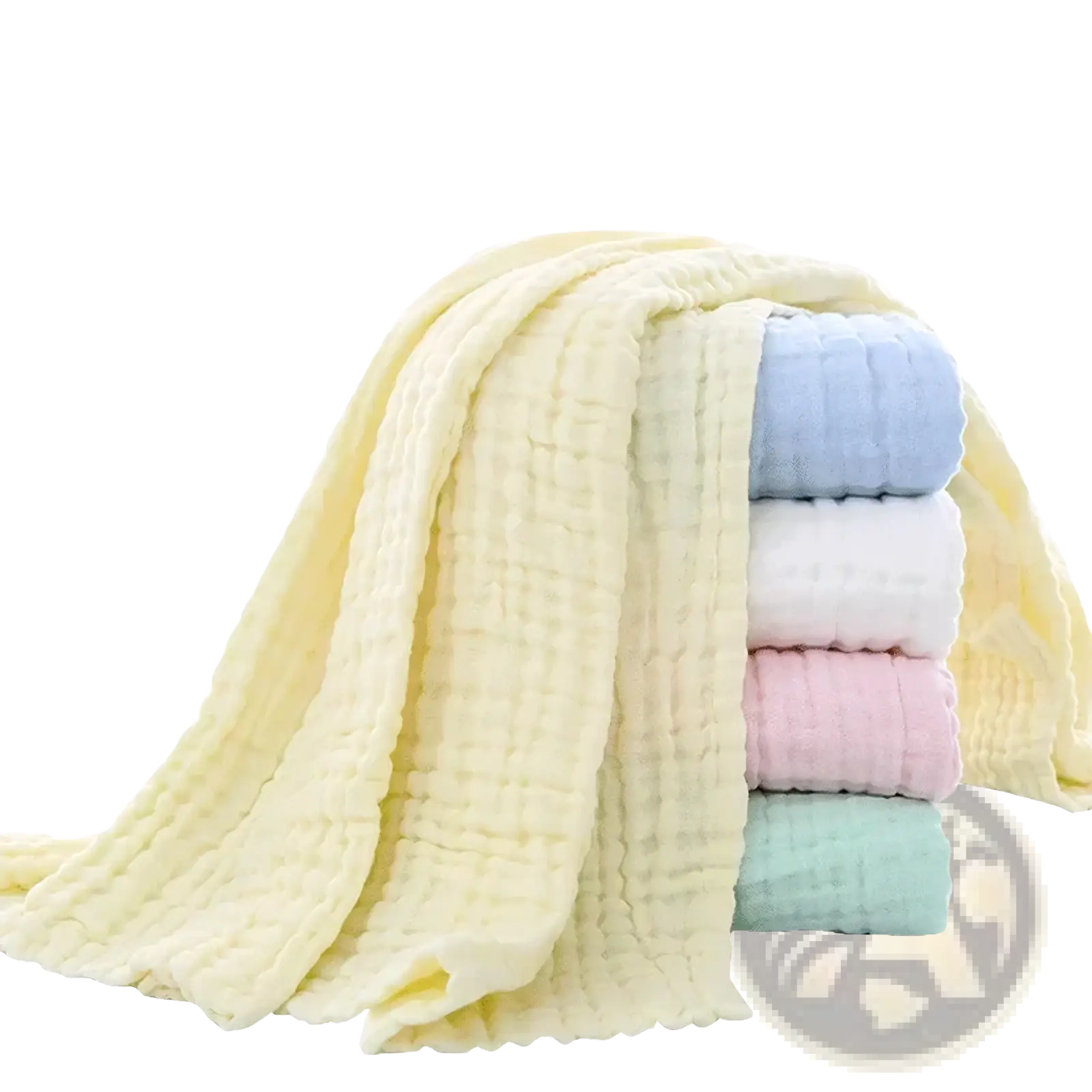 A stack of soft pastel-colored muslin baby swaddle blankets with gentle grid texture made from 6-layer cotton