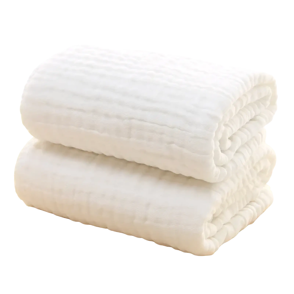 Two neatly folded white muslin baby swaddle blankets with soft textured weave 6-layer cotton 105cm