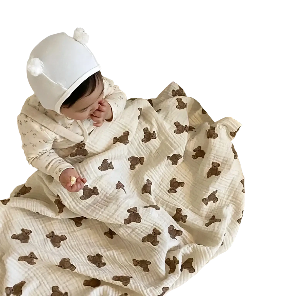 Muslin bear print baby bath towel and swaddle blanket in soft off-white cotton with brown teddy bear pattern