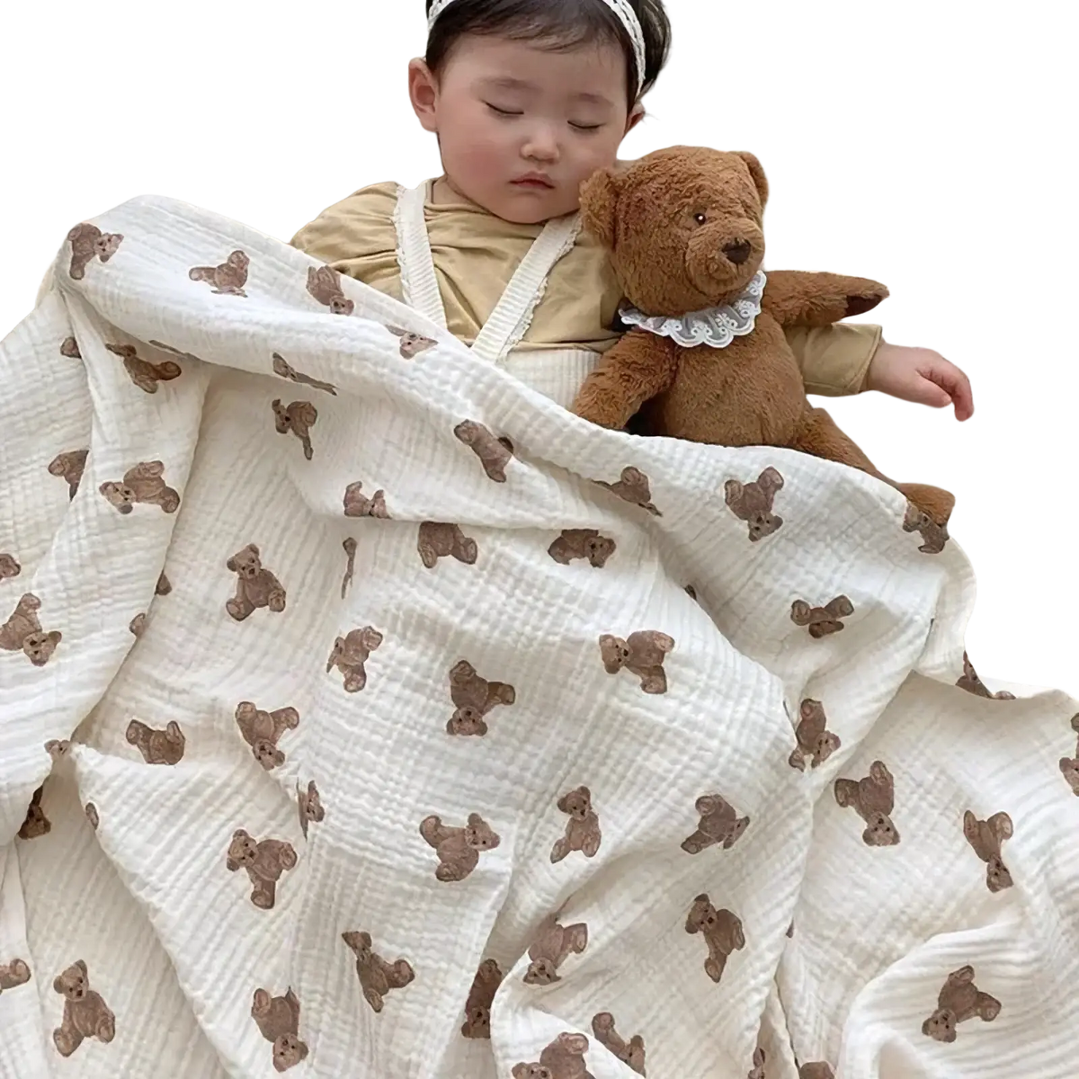 Muslin bear print baby bath towel and swaddle blanket in off-white soft muslin with textured weave and brown teddy bears