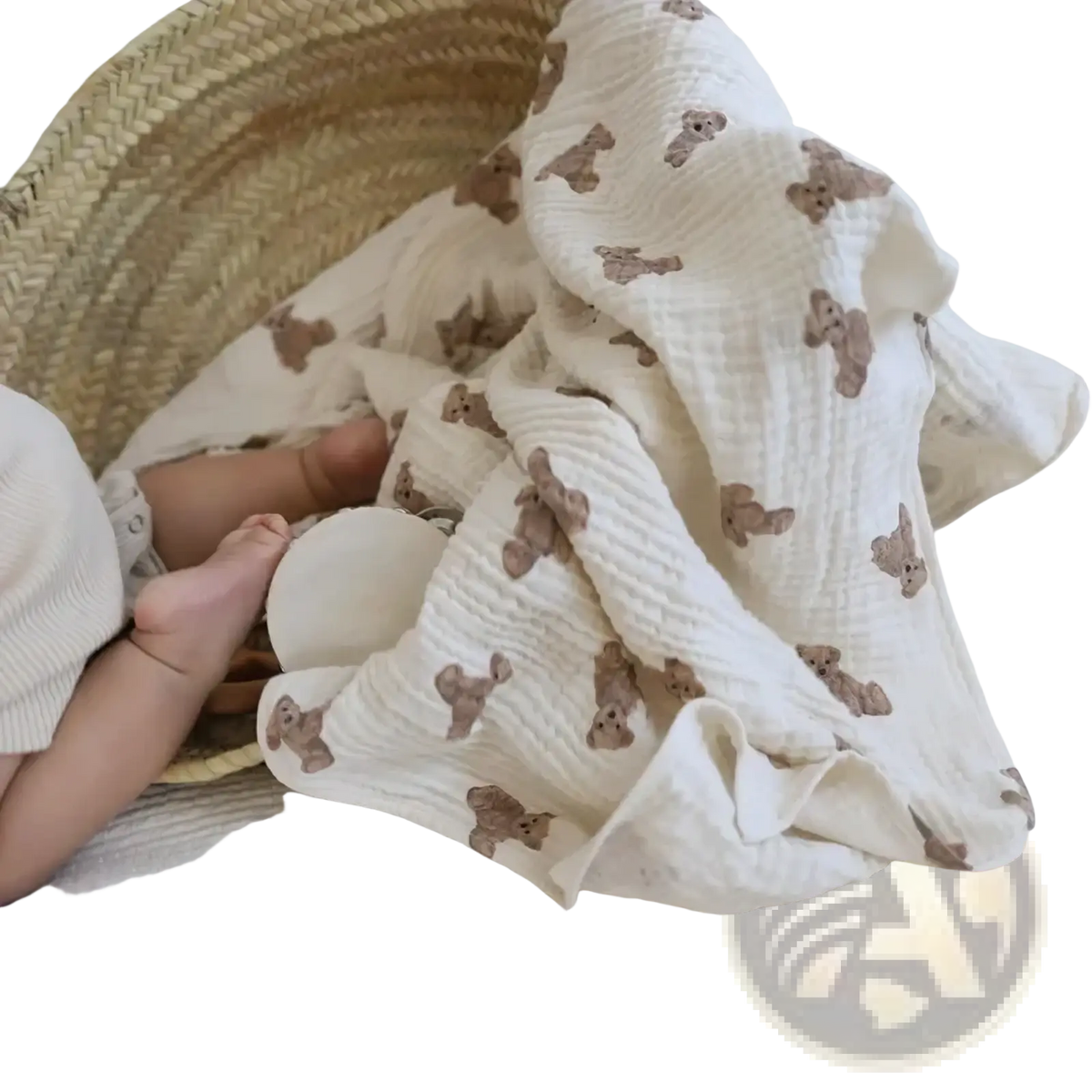 Muslin bear print baby bath towel and swaddle blanket in soft off-white with waffle texture and brown teddy bear prints