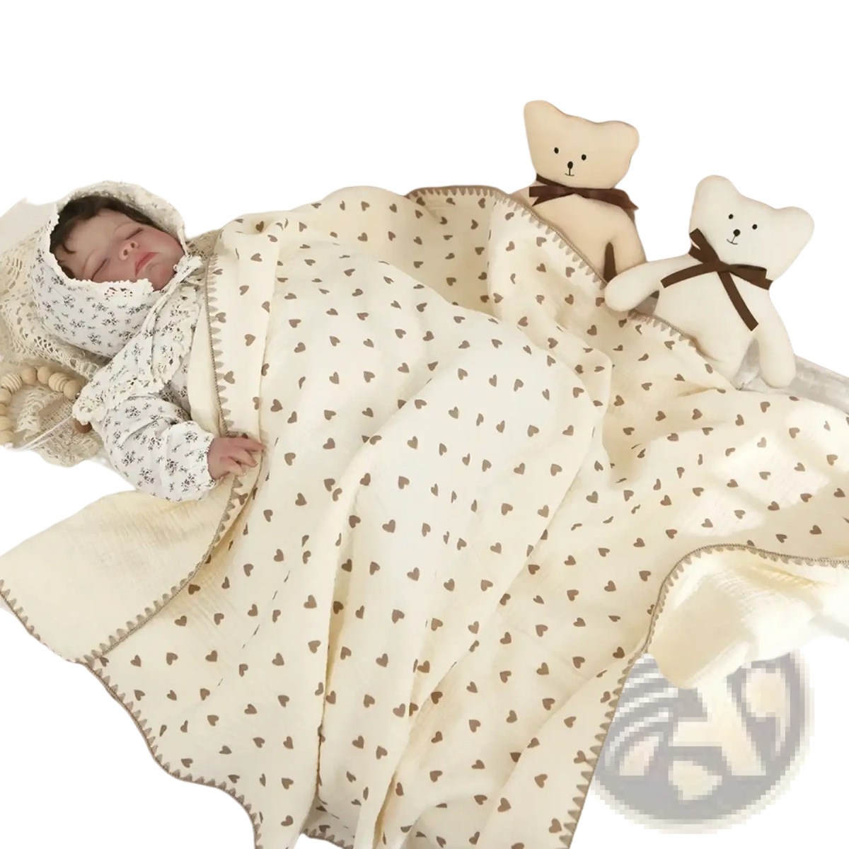 Cream-colored muslin cotton baby swaddle blanket with brown heart pattern and soft textured edge