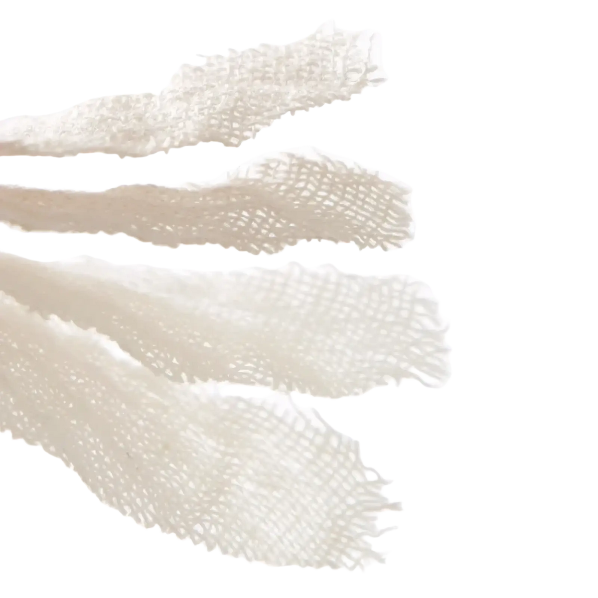 Four off-white textured mesh strips with frayed edges part of muslin cotton baby swaddle blankets