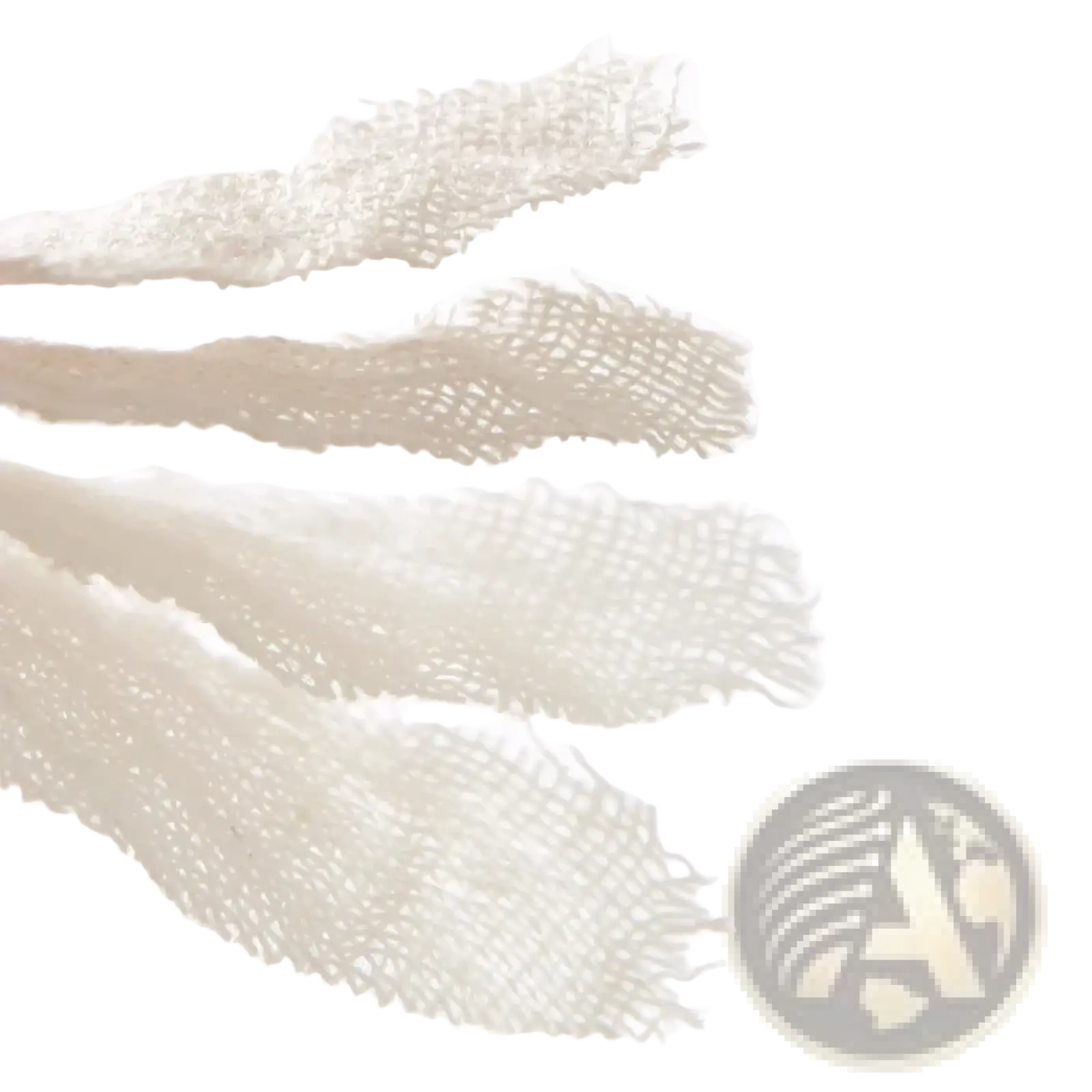Four off-white textured mesh strips with frayed edges part of muslin cotton baby swaddle blankets