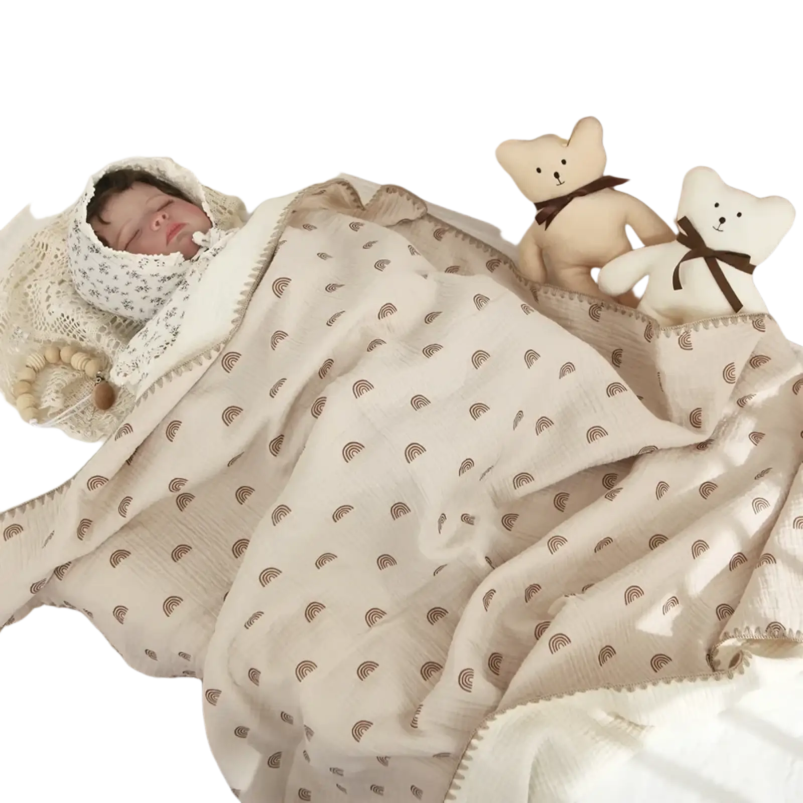 Beige muslin cotton baby swaddle blanket with subtle brown rainbow pattern and stitched edges gently wrapped around baby