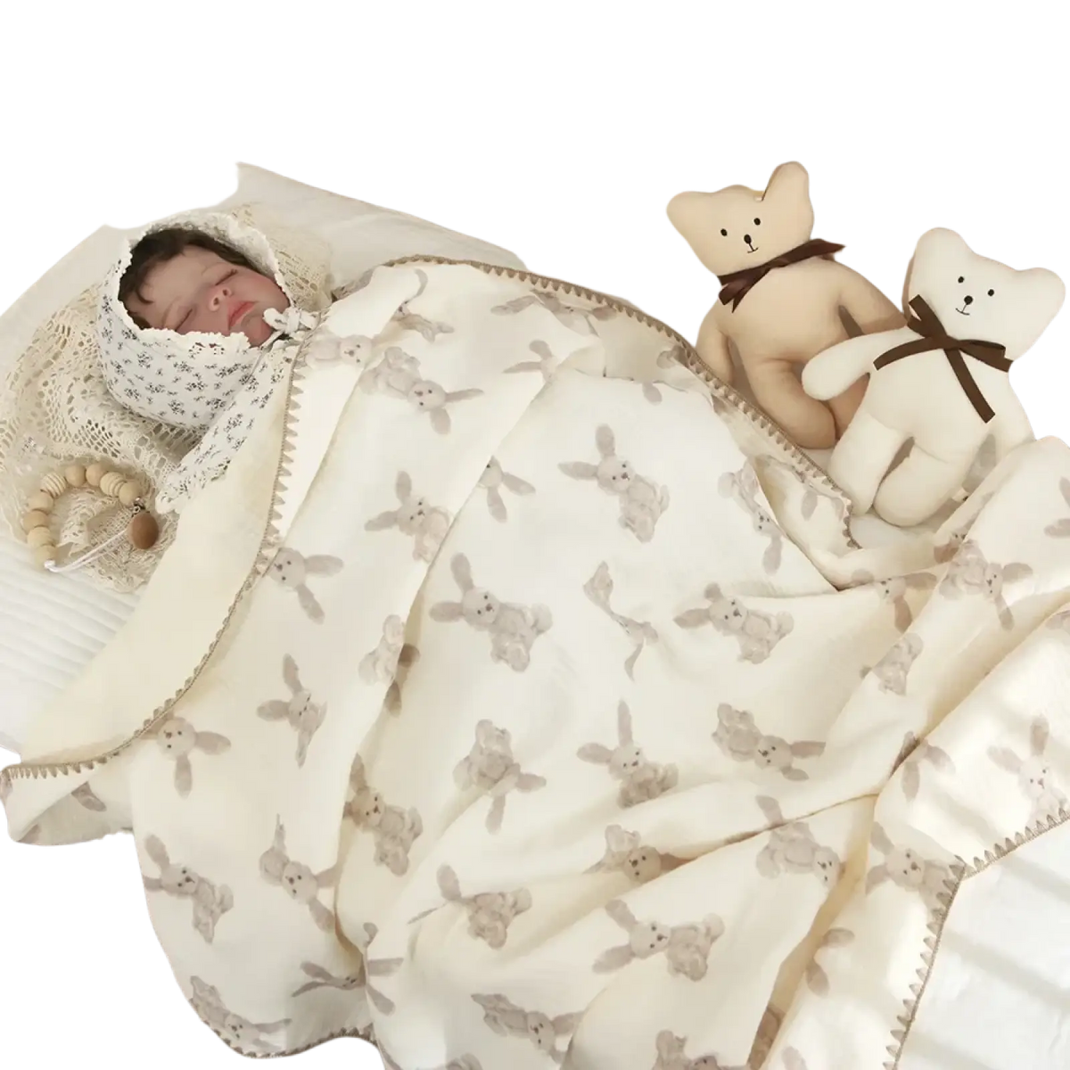 Muslin cotton baby swaddle blanket in soft cream with gray bunny print and delicate lace trim