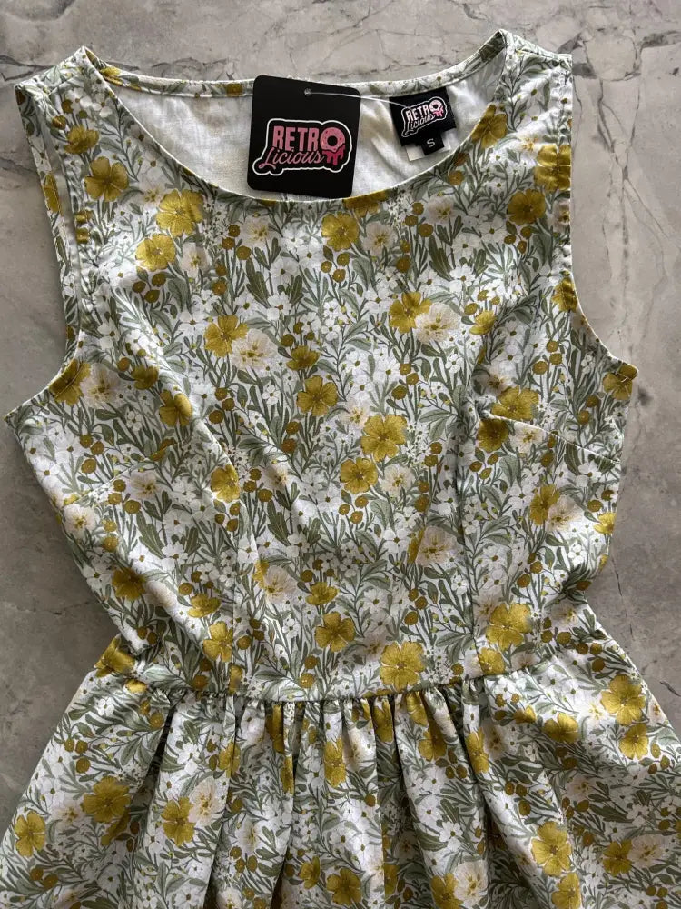 Vintage mustard floral cotton midi dress with pockets sleeveless white base yellow floral pattern and green stems