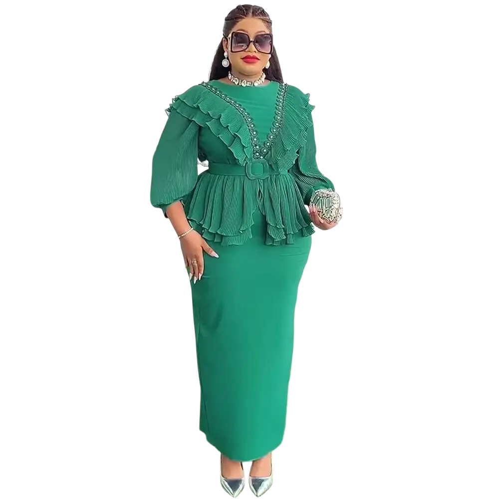 Emerald green peplum dress with ruffled sleeves and beaded neckline displayed alongside mustard yellow pleated african party gown