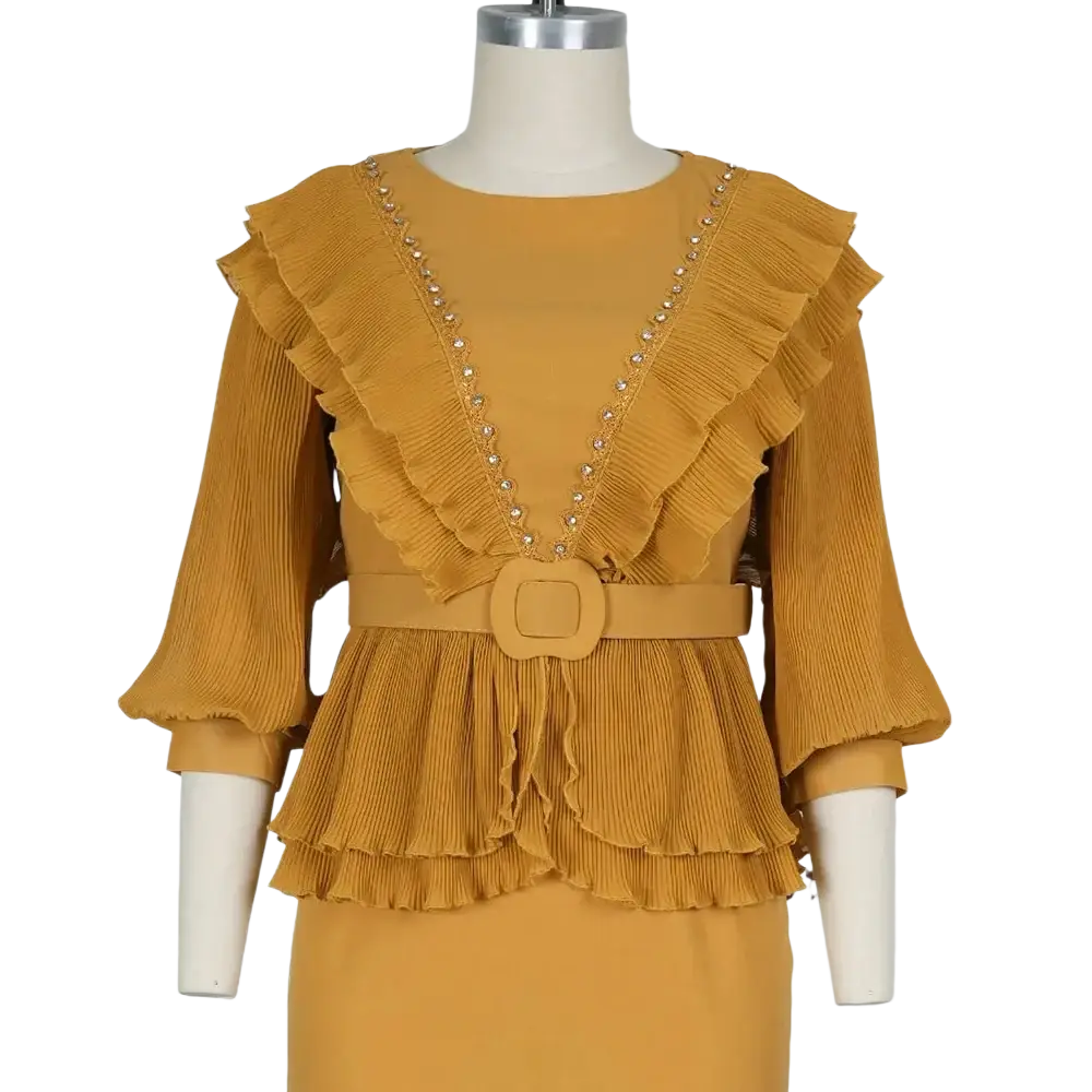 Mustard yellow pleated African party gown featuring layered ruffles, beaded neckline, and matching belt detail