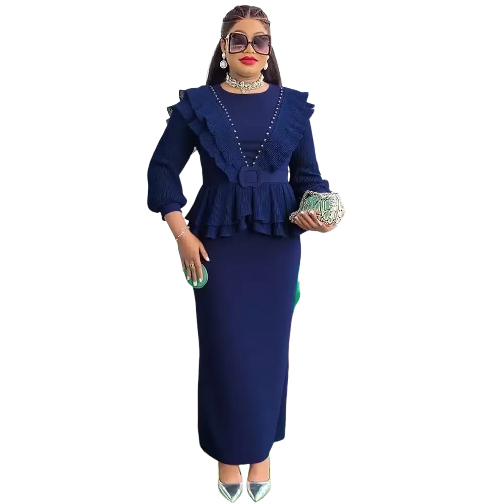 Navy blue peplum dress with ruffled sleeves and beaded neckline for elegant African party wear