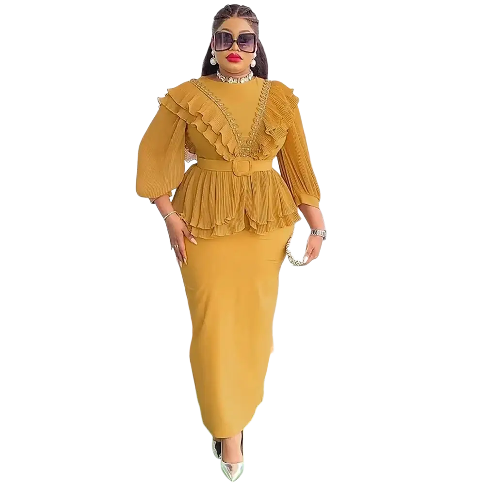 Mustard yellow pleated African party gown with peplum design, ruffled sleeves, and a pleated waistband