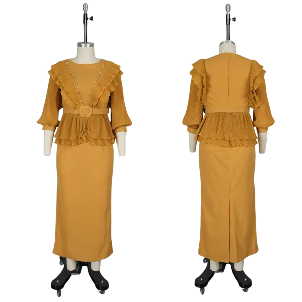 A mustard yellow two-piece dress with ruffled sleeves peplum waist and matching belt for african parties