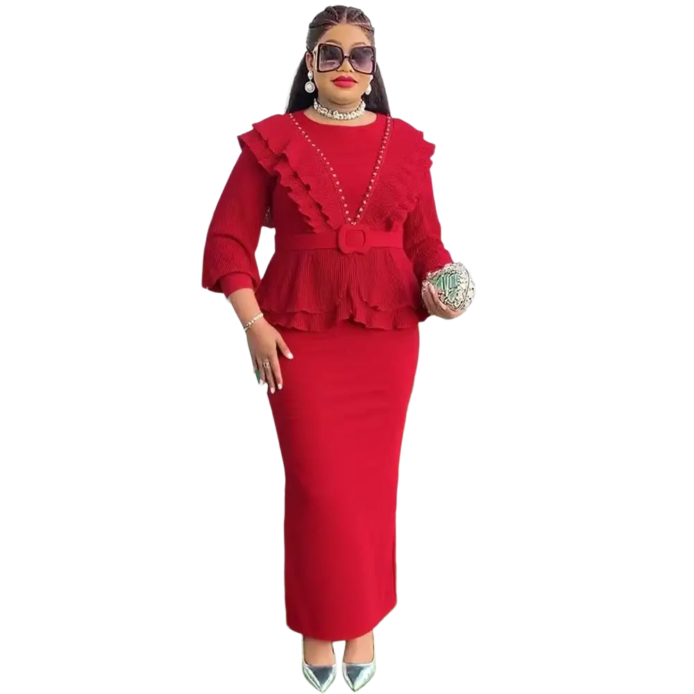 A vibrant red peplum dress with ruffled detailing and fitted silhouette featured alongside a mustard yellow pleated African party gown