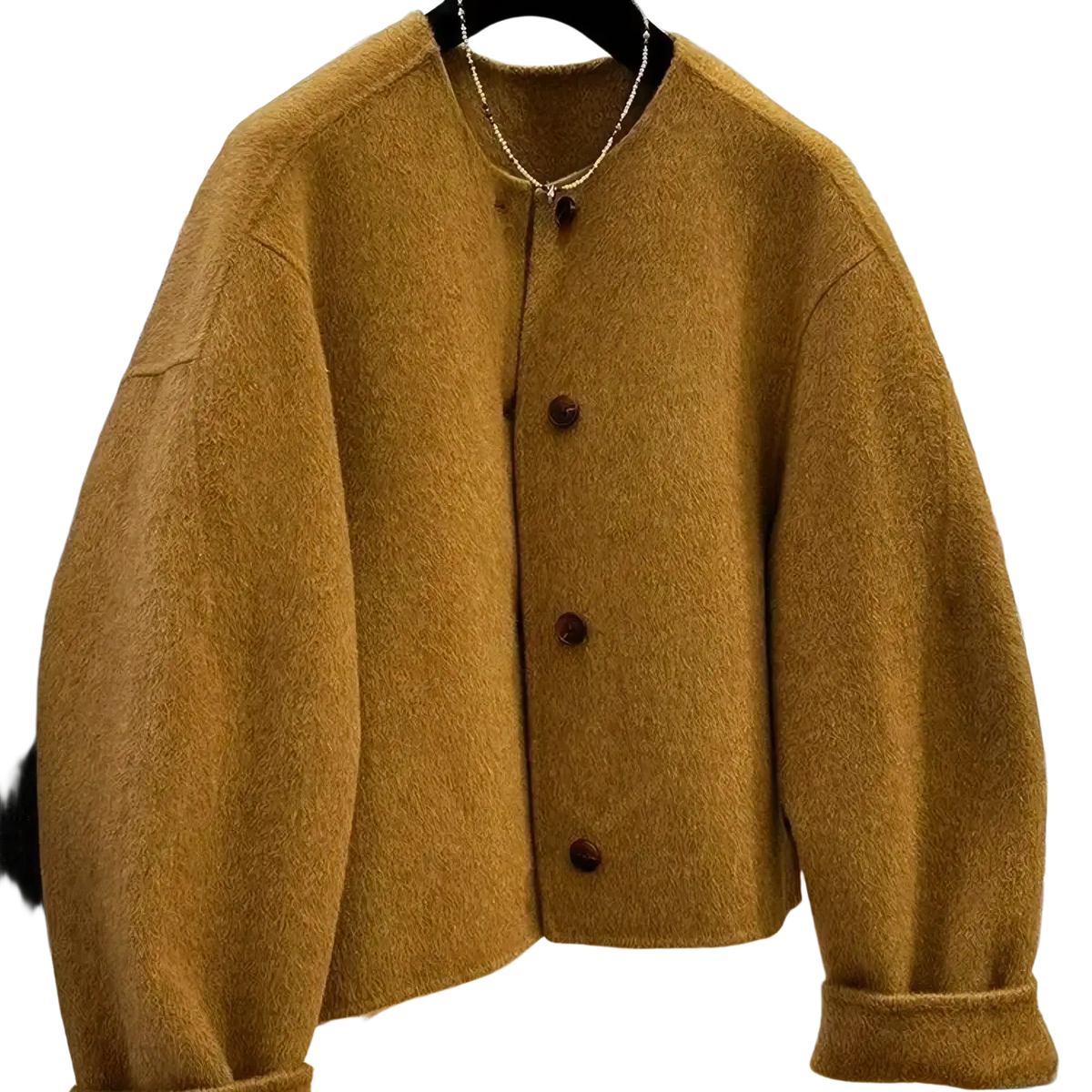 Mustard yellow wool blend short coat for women featuring a cozy textured knit and dark brown buttons