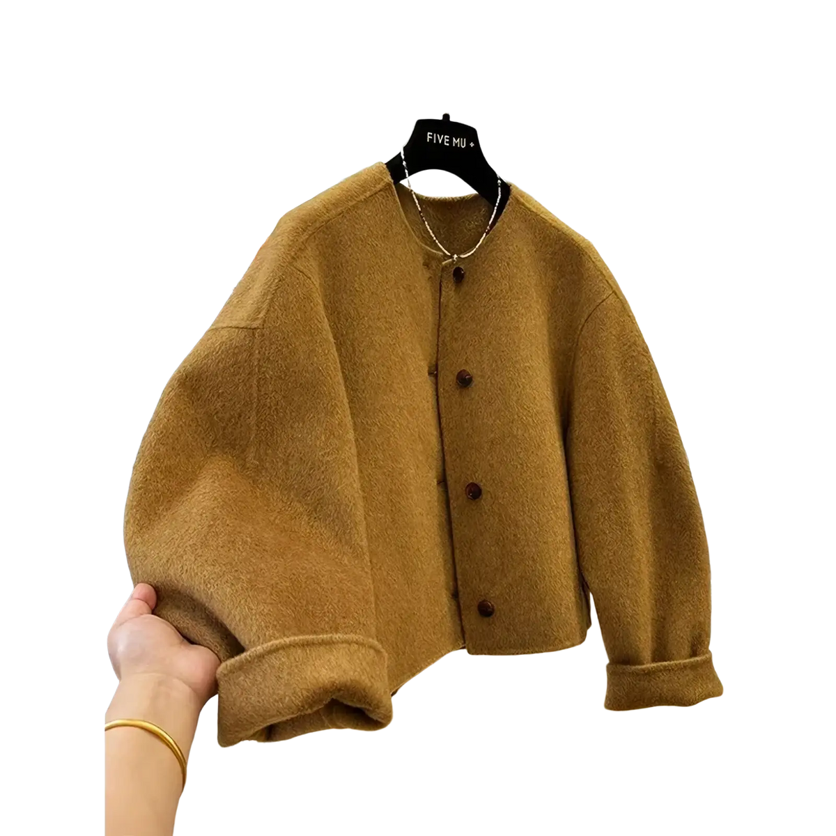 Mustard yellow wool blend short coat for women featuring a cozy cardigan style with dark brown buttons and rolled cuffs