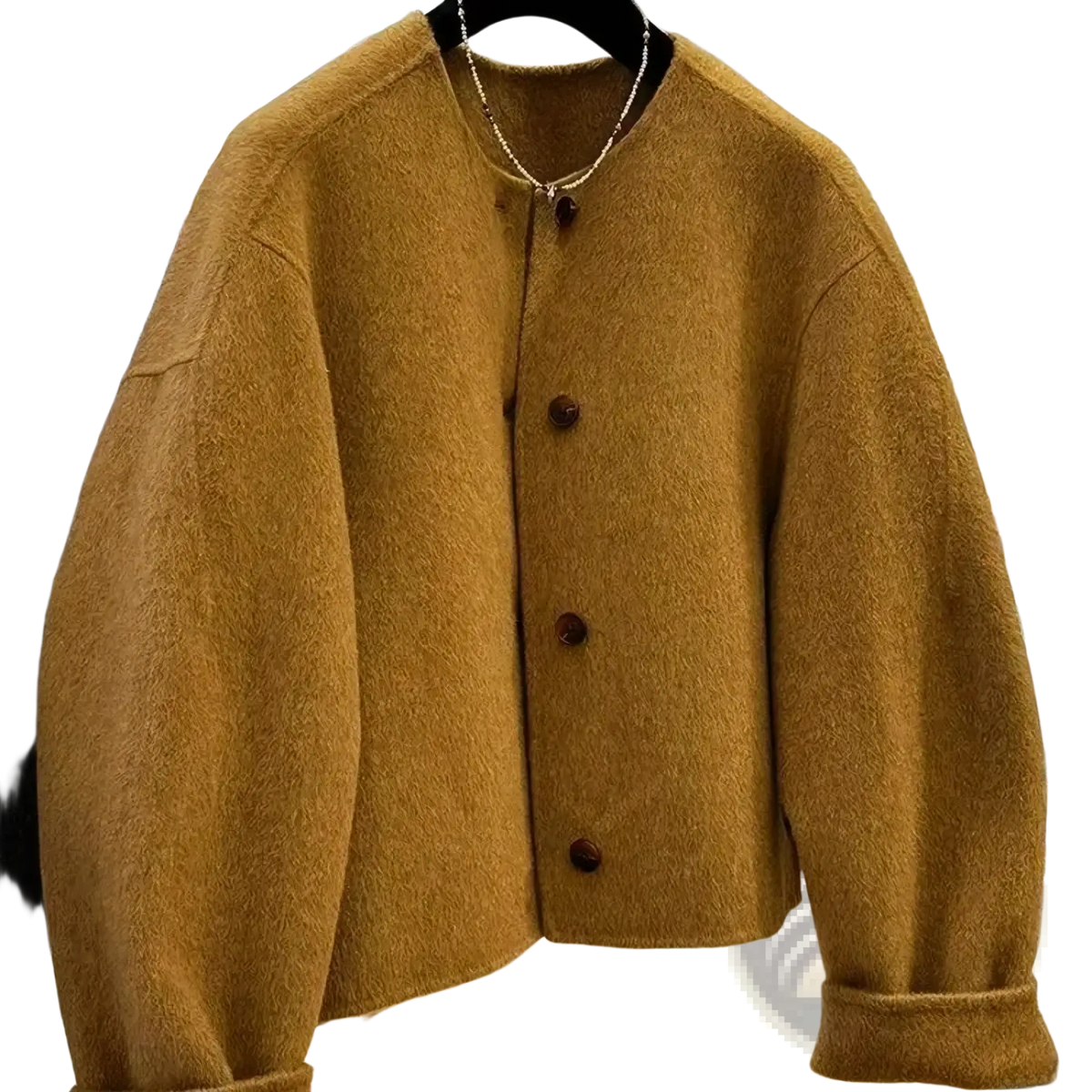 Mustard yellow wool blend short coat for women featuring a cozy textured knit and dark brown buttons