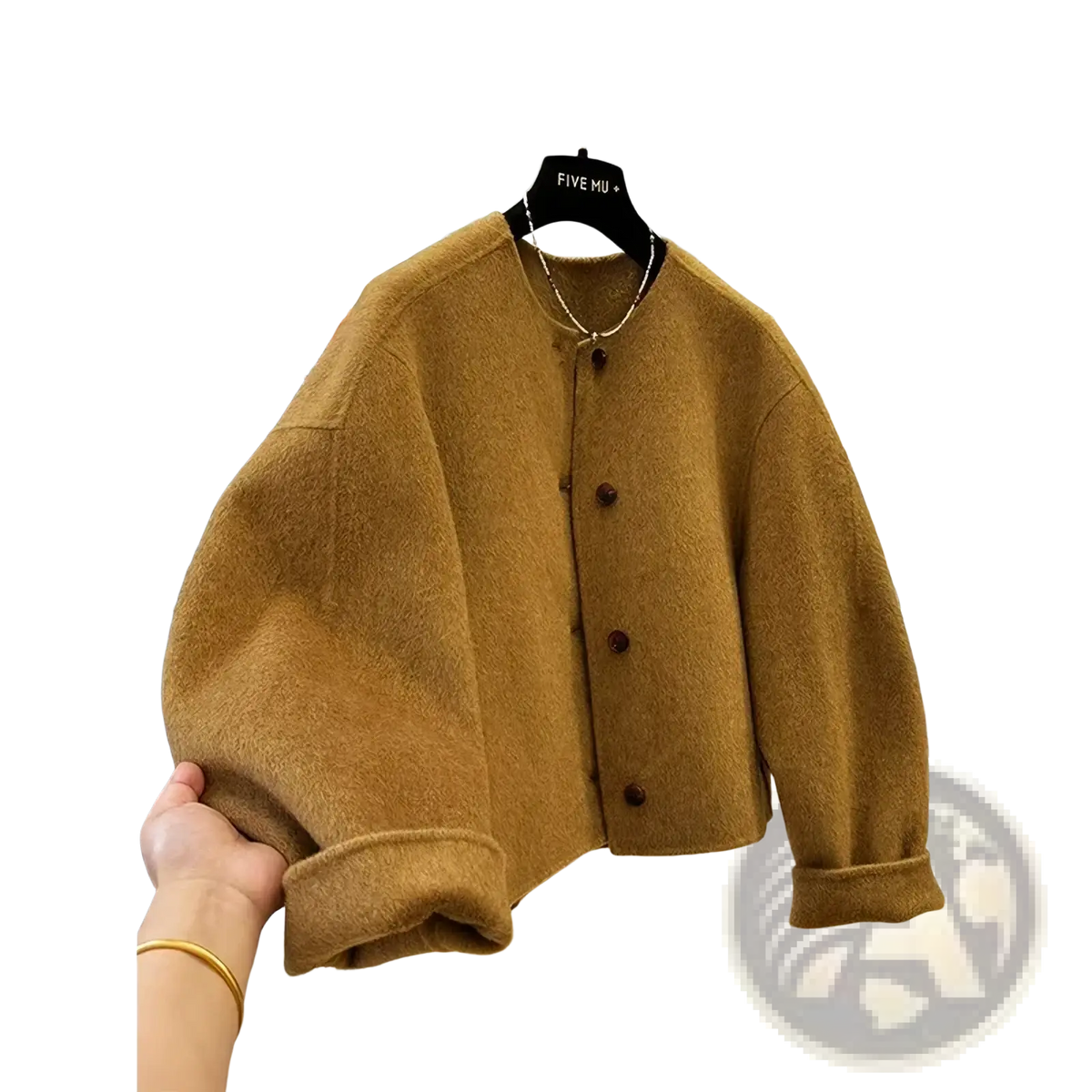 Mustard yellow wool blend short coat for women featuring a cozy cardigan style with dark brown buttons and rolled cuffs