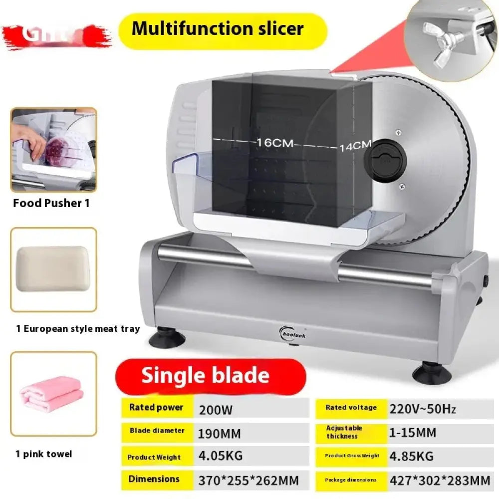 Silver multifunction slicer with single precision blade measuring 16 by 14 cm for slicing meats and vegetables