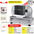 Silver multifunction slicer with single precision blade measuring 16 by 14 cm for slicing meats and vegetables