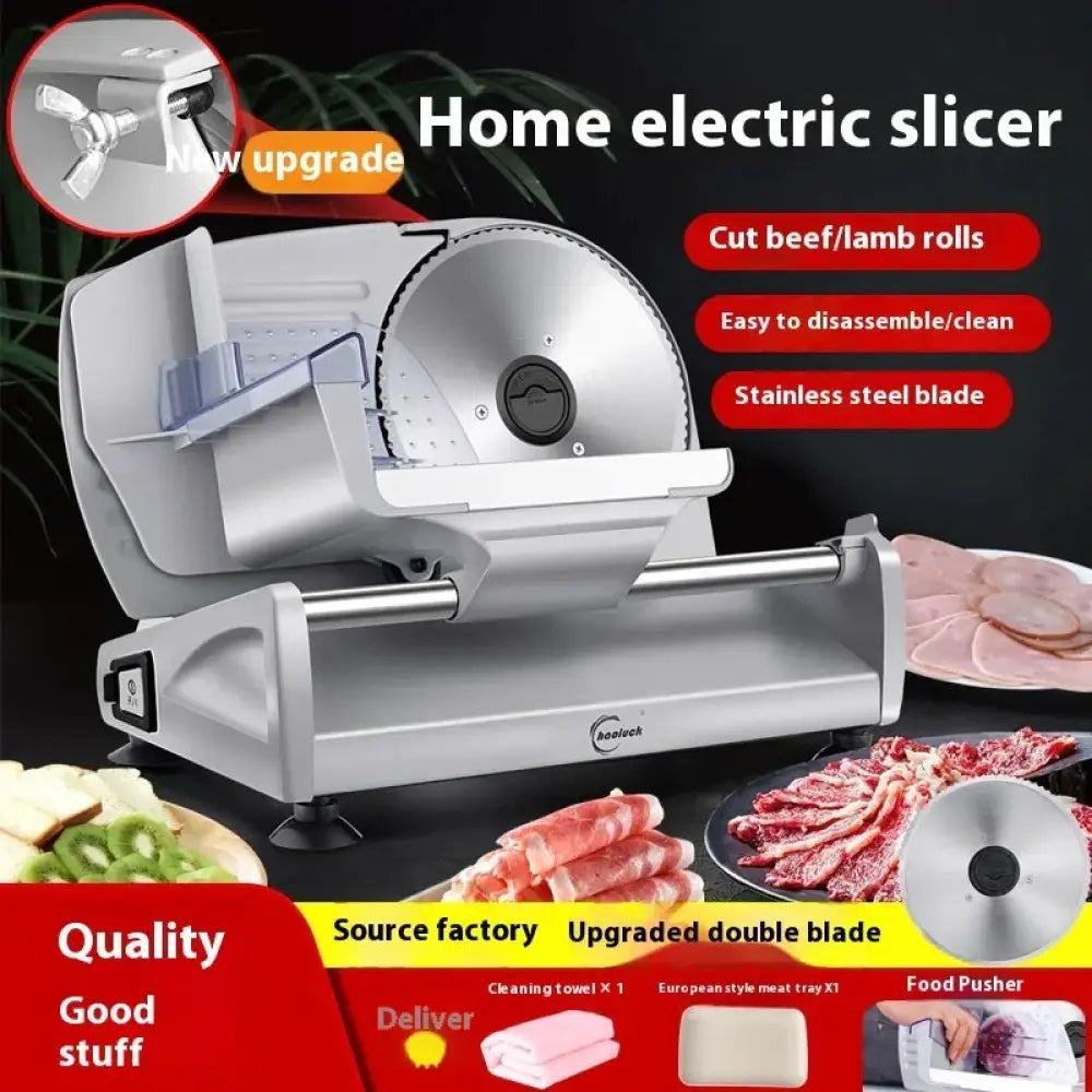 Silver adjustable electric meat and deli slicer with stainless steel precision blade and adjustable slicing tray